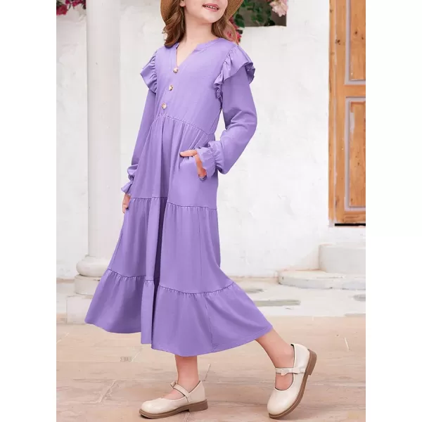 blibean Girls 2024 Fall Cotton Dresses Tween Long Ruffle Sleeve Pockets Dress Size 6-15 Years