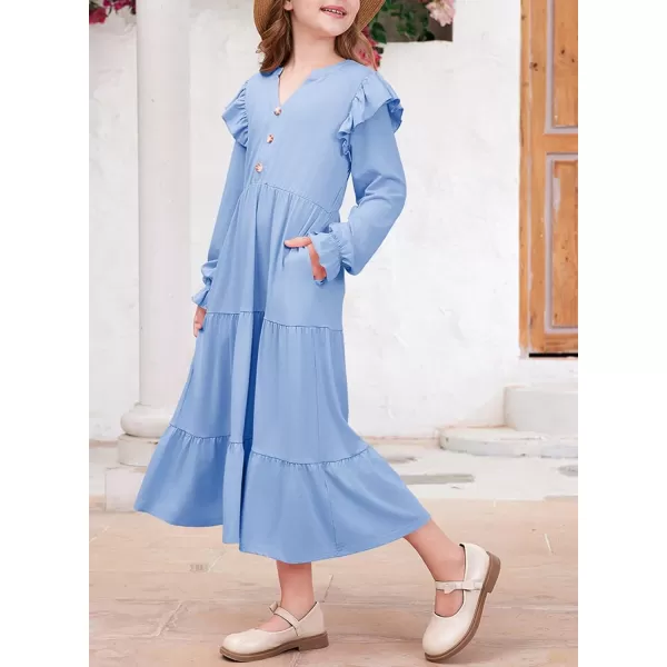 blibean Girls 2024 Fall Cotton Dresses Tween Long Ruffle Sleeve Pockets Dress Size 6-15 Years