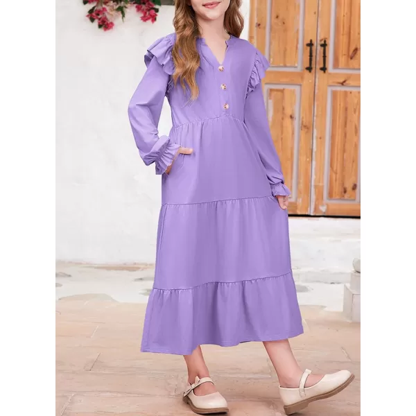 blibean Girls 2024 Fall Cotton Dresses Tween Long Ruffle Sleeve Pockets Dress Size 6-15 Years