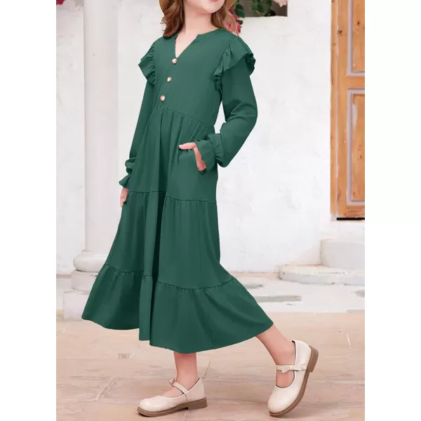 blibean Girls 2024 Fall Cotton Dresses Tween Long Ruffle Sleeve Pockets Dress Size 6-15 Years