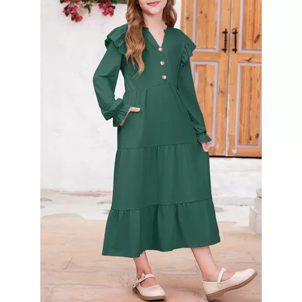 blibean Girls 2024 Fall Cotton Dresses Tween Long Ruffle Sleeve Pockets Dress Size 6-15 Years
