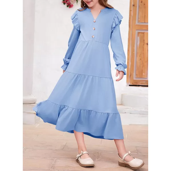 blibean Girls 2024 Fall Cotton Dresses Tween Long Ruffle Sleeve Pockets Dress Size 6-15 Years