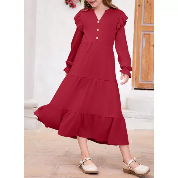 blibean Girls 2024 Fall Cotton Dresses Tween Long Ruffle Sleeve Pockets Dress Size 6-15 Years
