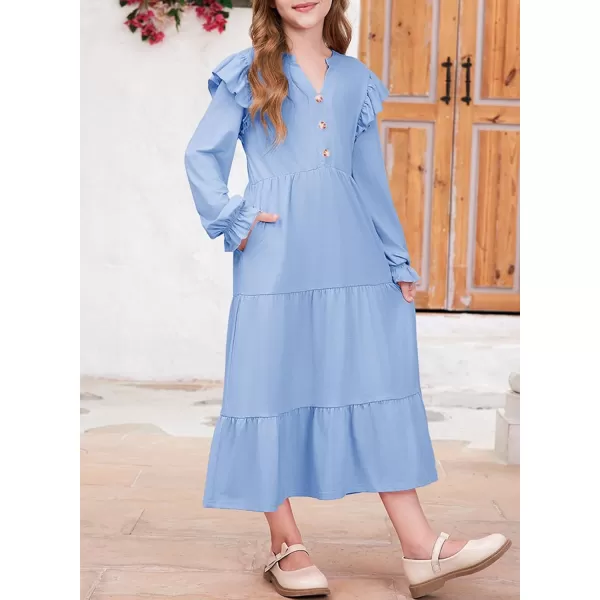 blibean Girls 2024 Fall Cotton Dresses Tween Long Ruffle Sleeve Pockets Dress Size 6-15 Years