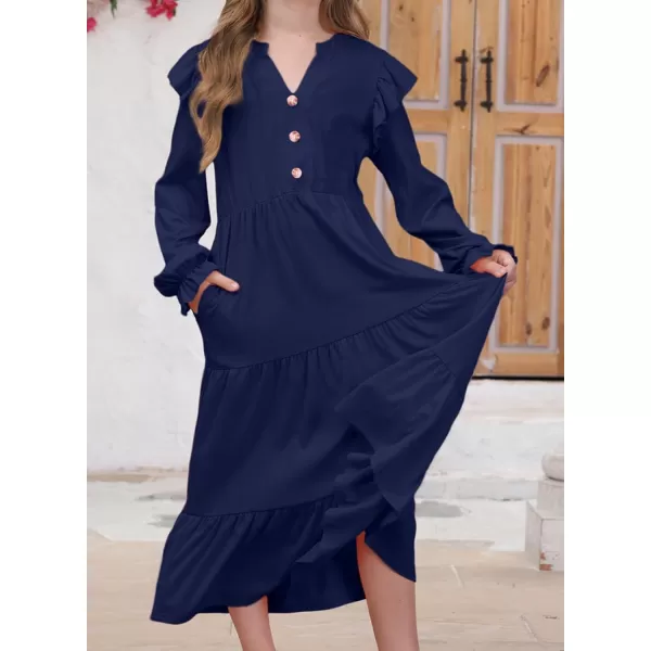 blibean Girls 2024 Fall Cotton Dresses Tween Long Ruffle Sleeve Pockets Dress Size 6-15 Years