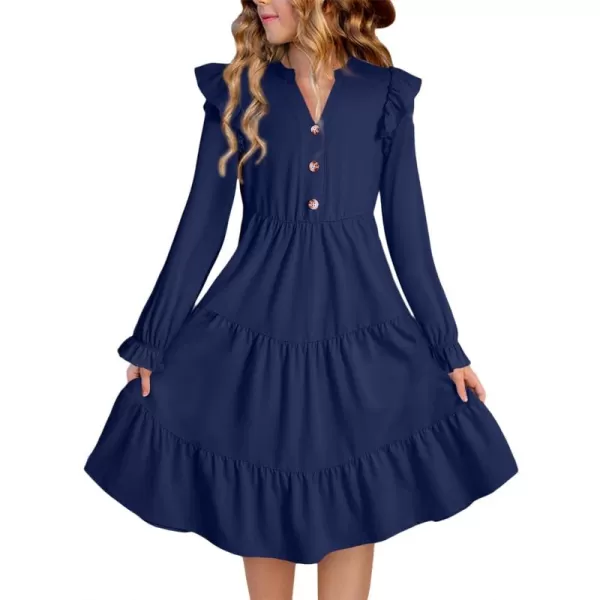 blibean Girls 2024 Fall Cotton Dresses Tween Long Ruffle Sleeve Pockets Dress Size 6-15 Years