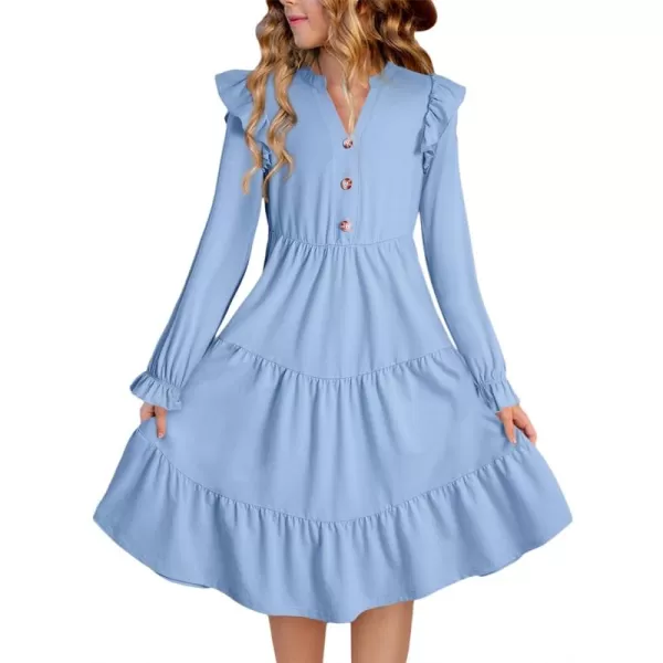 blibean Girls 2024 Fall Cotton Dresses Tween Long Ruffle Sleeve Pockets Dress Size 6-15 Years