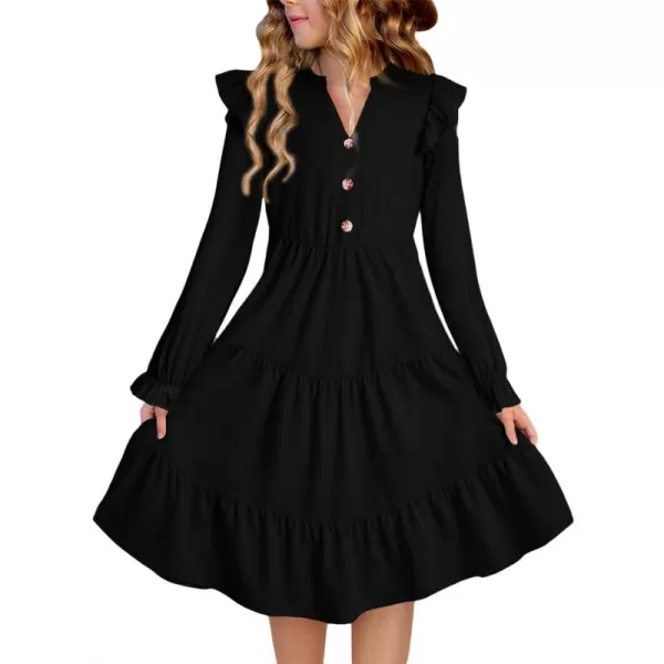 blibean Girls 2024 Fall Cotton Dresses Tween Long Ruffle Sleeve Pockets Dress Size 6-15 Years