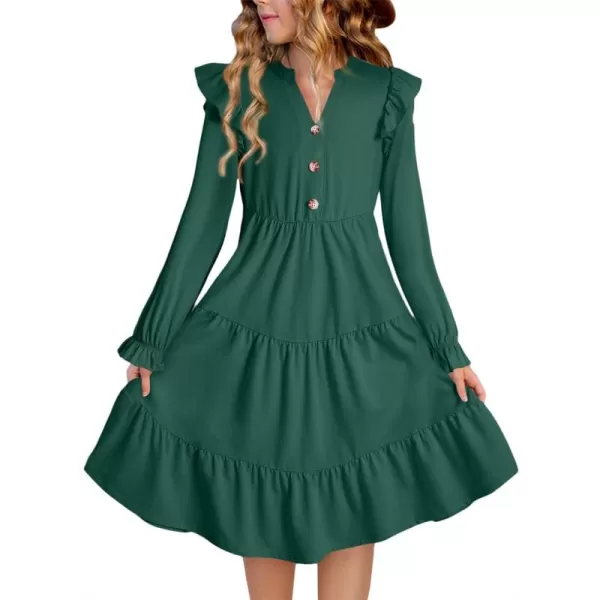 blibean Girls 2024 Fall Cotton Dresses Tween Long Ruffle Sleeve Pockets Dress Size 6-15 Years