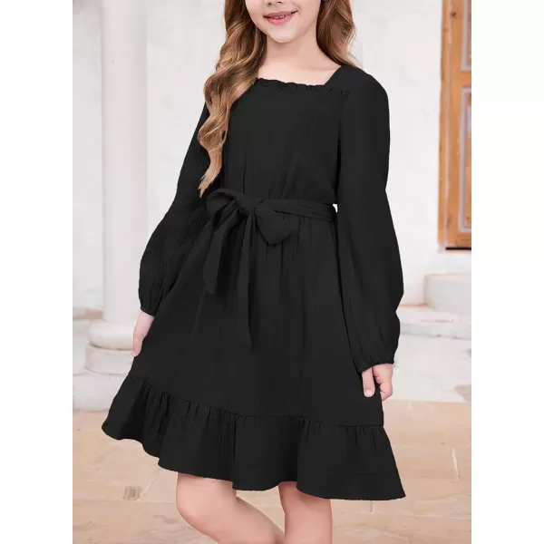 blibean Girls Cotton Long Sleeve Dresses Ruffled Semi Formal Dress Size 6-15 Years