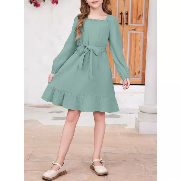 blibean Girls Cotton Long Sleeve Dresses Ruffled Semi Formal Dress Size 6-15 Years