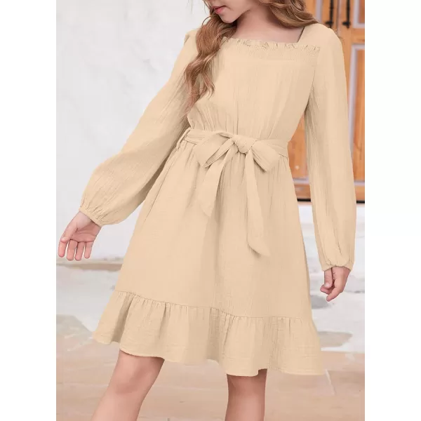 blibean Girls Cotton Long Sleeve Dresses Ruffled Semi Formal Dress Size 6-15 Years