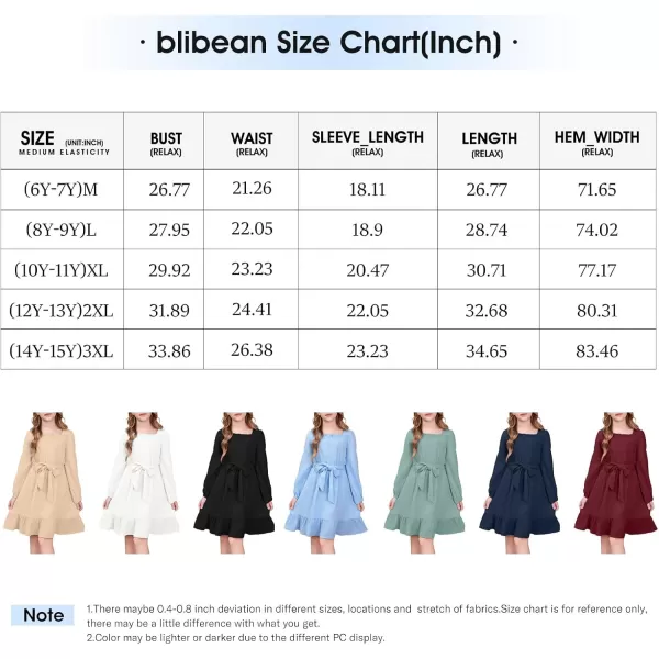 blibean Girls Cotton Long Sleeve Dresses Ruffled Semi Formal Dress Size 6-15 Years