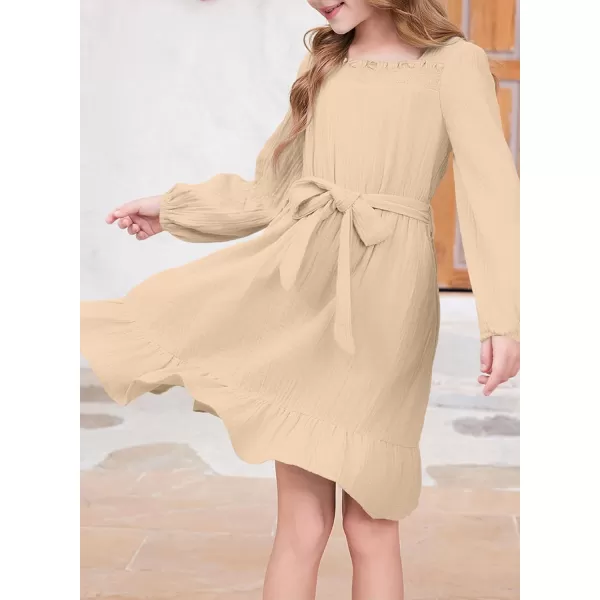 blibean Girls Cotton Long Sleeve Dresses Ruffled Semi Formal Dress Size 6-15 Years