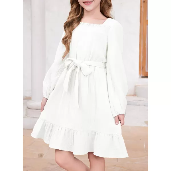 blibean Girls Cotton Long Sleeve Dresses Ruffled Semi Formal Dress Size 6-15 Years