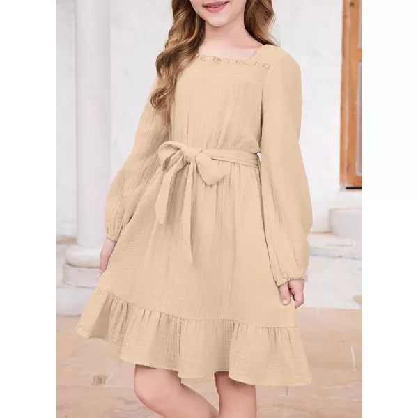 blibean Girls Cotton Long Sleeve Dresses Ruffled Semi Formal Dress Size 6-15 Years