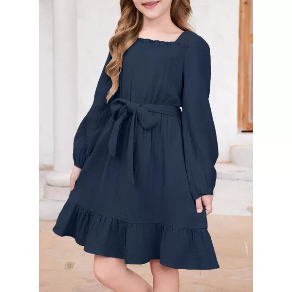 blibean Girls Cotton Long Sleeve Dresses Ruffled Semi Formal Dress Size 6-15 Years