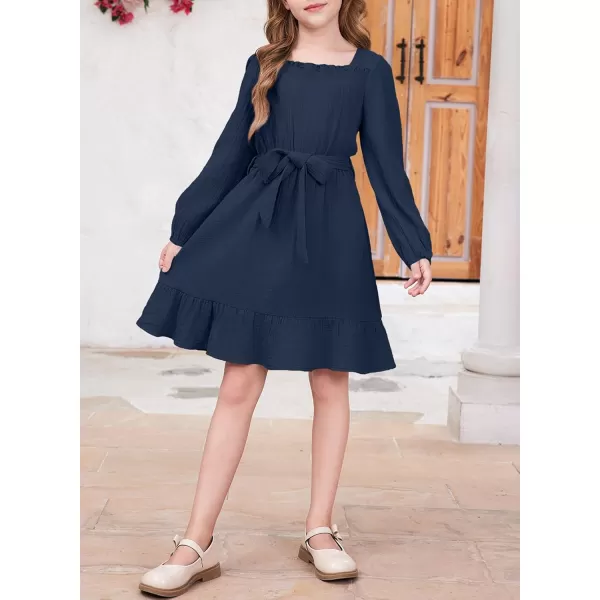 blibean Girls Cotton Long Sleeve Dresses Ruffled Semi Formal Dress Size 6-15 Years