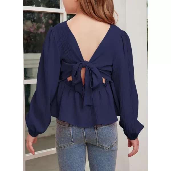 blibean Tween Girls Fall Tie Back Ruffle Shirt Kid Long Sleeve Tops Size 6-15 Years
