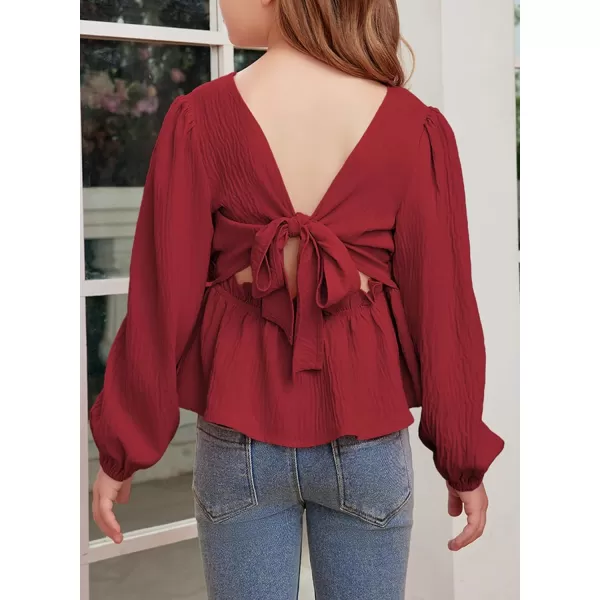 blibean Tween Girls Fall Tie Back Ruffle Shirt Kid Long Sleeve Tops Size 6-15 Years
