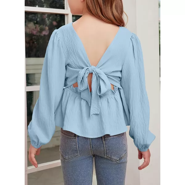 blibean Tween Girls Fall Tie Back Ruffle Shirt Kid Long Sleeve Tops Size 6-15 Years