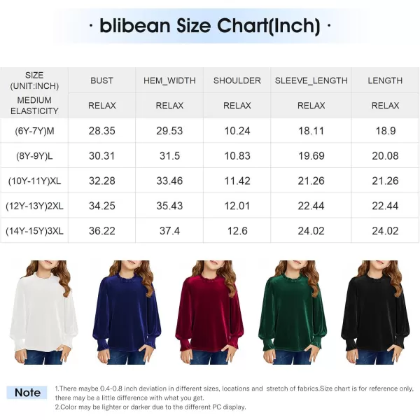 blibean Girls Velvet Long Sleeve Shirts Ruffle Neck Tops Size 6-15 Years