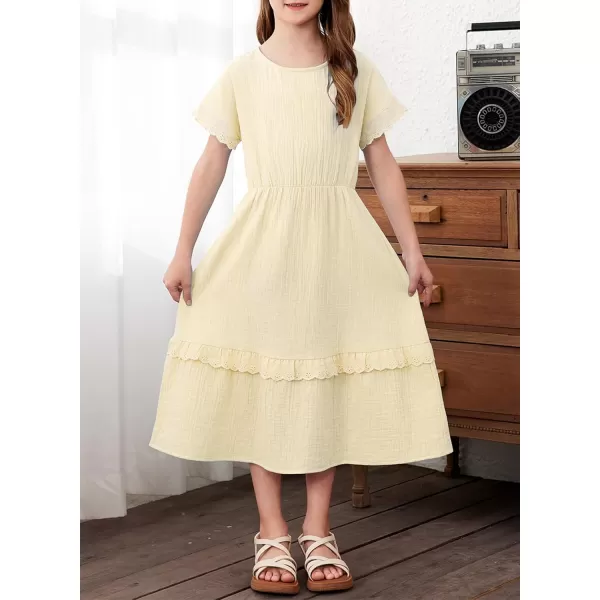 imageblibean Girls Cotton Short Sleeve Dresses Lace Semi Formal Dress Size 615 YearsBeige