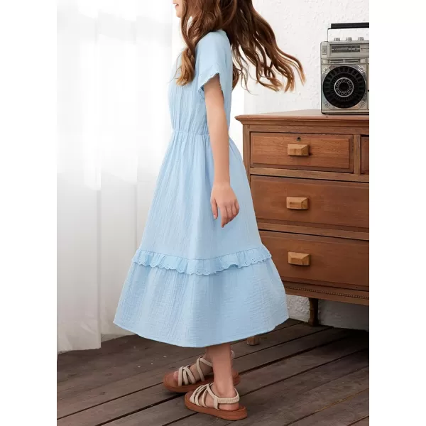 imageblibean Girls Cotton Short Sleeve Dresses Lace Semi Formal Dress Size 615 YearsLight Blue