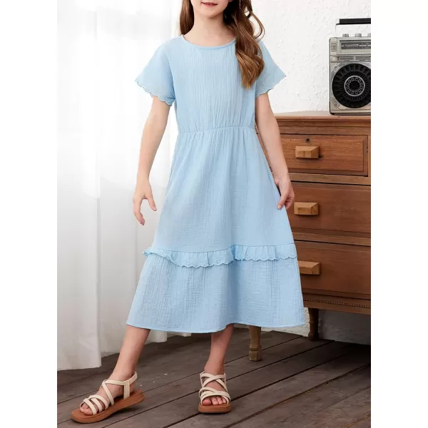 imageblibean Girls Cotton Short Sleeve Dresses Lace Semi Formal Dress Size 615 YearsLight Blue
