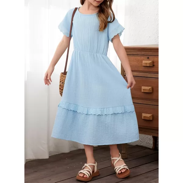 imageblibean Girls Cotton Short Sleeve Dresses Lace Semi Formal Dress Size 615 YearsLight Blue