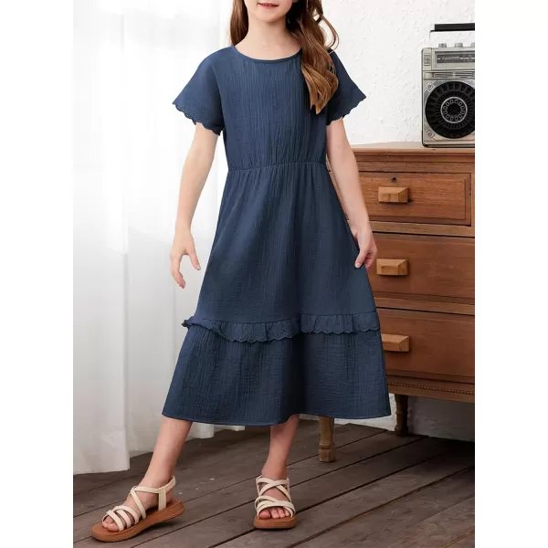 imageblibean Girls Cotton Short Sleeve Dresses Lace Semi Formal Dress Size 615 YearsNavy Blue