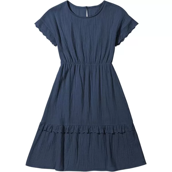 imageblibean Girls Cotton Short Sleeve Dresses Lace Semi Formal Dress Size 615 YearsNavy Blue