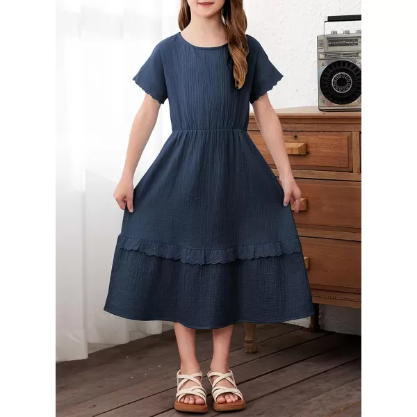 imageblibean Girls Cotton Short Sleeve Dresses Lace Semi Formal Dress Size 615 YearsNavy Blue