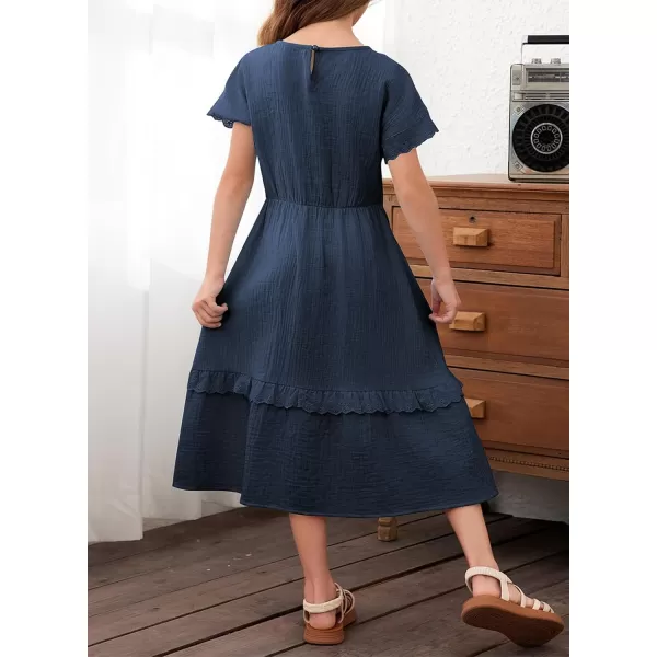 imageblibean Girls Cotton Short Sleeve Dresses Lace Semi Formal Dress Size 615 YearsNavy Blue