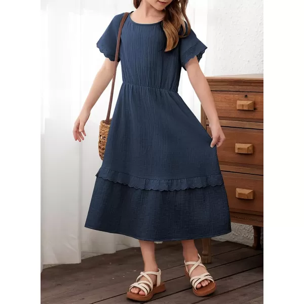 imageblibean Girls Cotton Short Sleeve Dresses Lace Semi Formal Dress Size 615 YearsNavy Blue