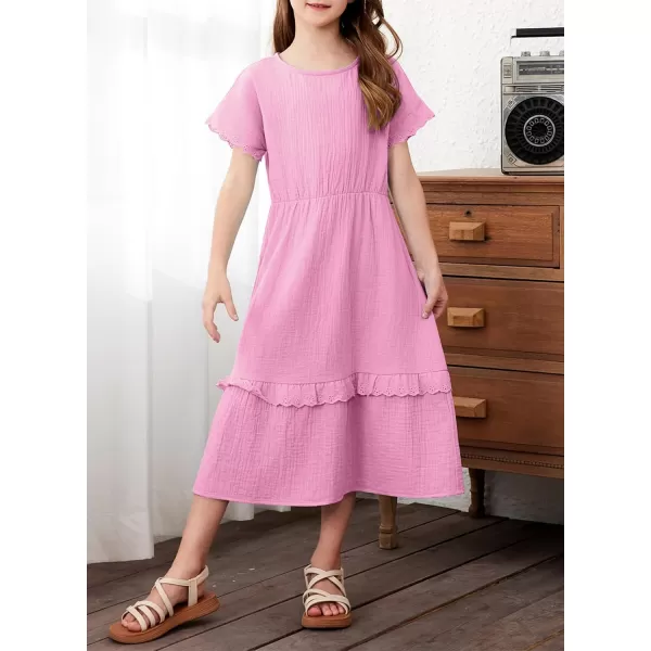 imageblibean Girls Cotton Short Sleeve Dresses Lace Semi Formal Dress Size 615 YearsPink