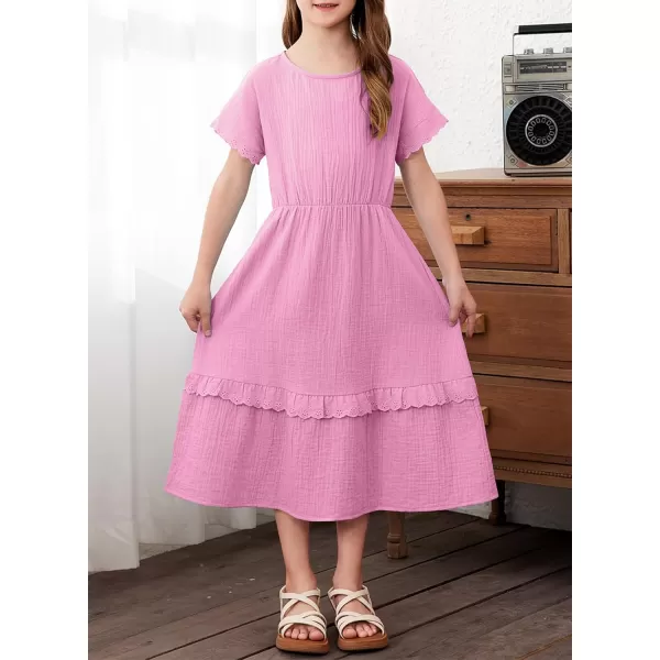 imageblibean Girls Cotton Short Sleeve Dresses Lace Semi Formal Dress Size 615 YearsPink