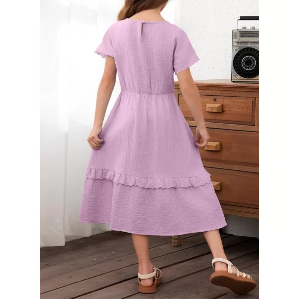 imageblibean Girls Cotton Short Sleeve Dresses Lace Semi Formal Dress Size 615 YearsPurple