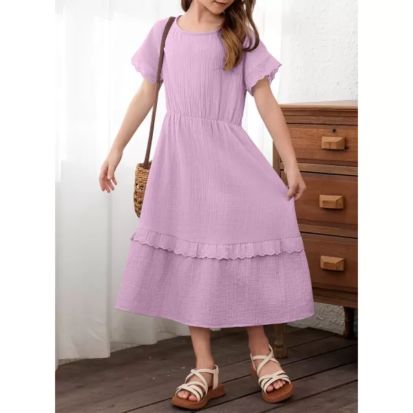 imageblibean Girls Cotton Short Sleeve Dresses Lace Semi Formal Dress Size 615 YearsPurple