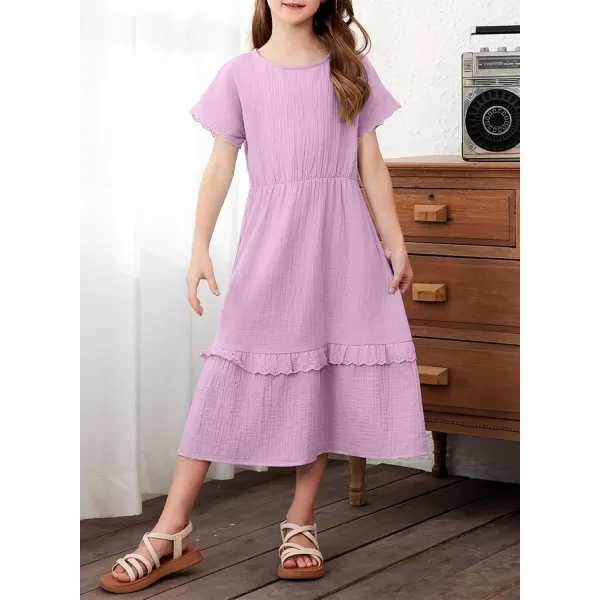 imageblibean Girls Cotton Short Sleeve Dresses Lace Semi Formal Dress Size 615 YearsPurple