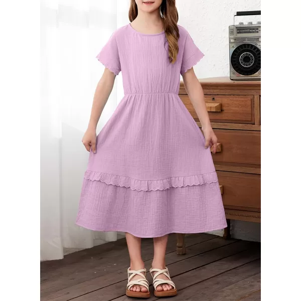 imageblibean Girls Cotton Short Sleeve Dresses Lace Semi Formal Dress Size 615 YearsPurple