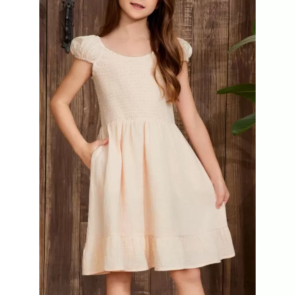 imageblibean Teen Girls Summer Cotton Dresses Smocked Sleeveless Sun Dress Size 615 YearsA Beige