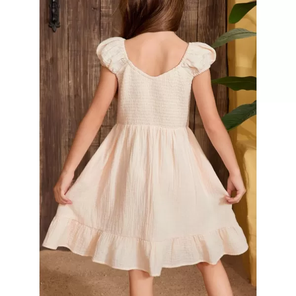 imageblibean Teen Girls Summer Cotton Dresses Smocked Sleeveless Sun Dress Size 615 YearsA Beige