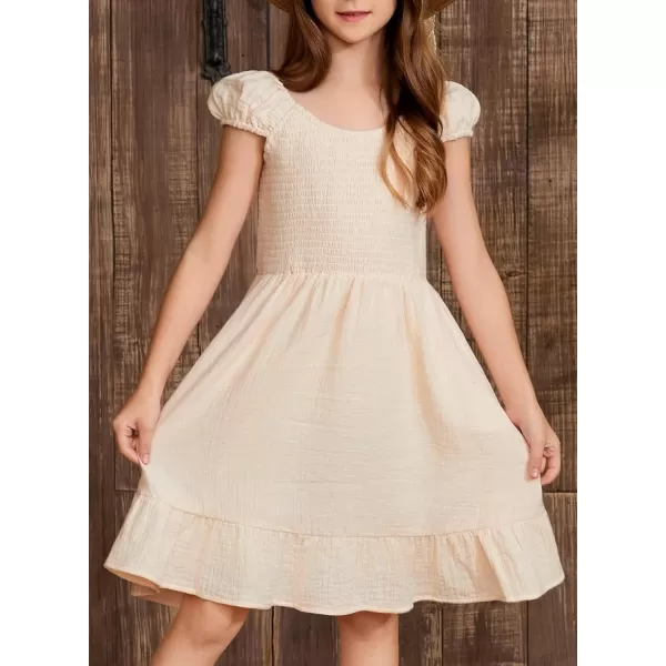 imageblibean Teen Girls Summer Cotton Dresses Smocked Sleeveless Sun Dress Size 615 YearsA Beige