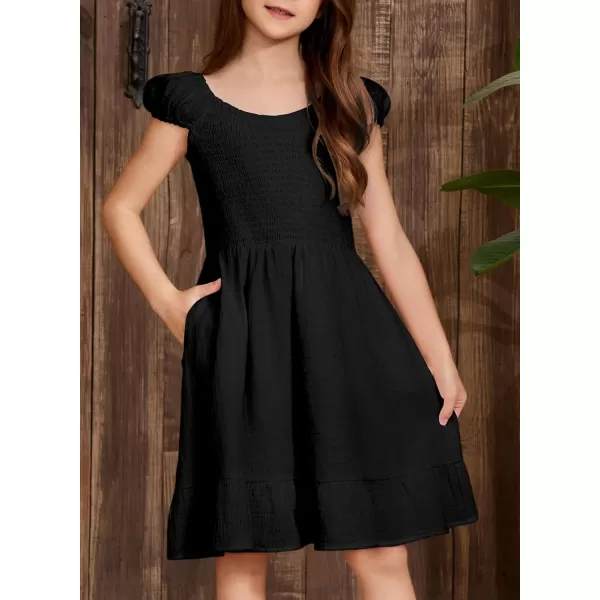 imageblibean Teen Girls Summer Cotton Dresses Smocked Sleeveless Sun Dress Size 615 YearsA Black
