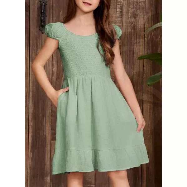 imageblibean Teen Girls Summer Cotton Dresses Smocked Sleeveless Sun Dress Size 615 YearsA Green
