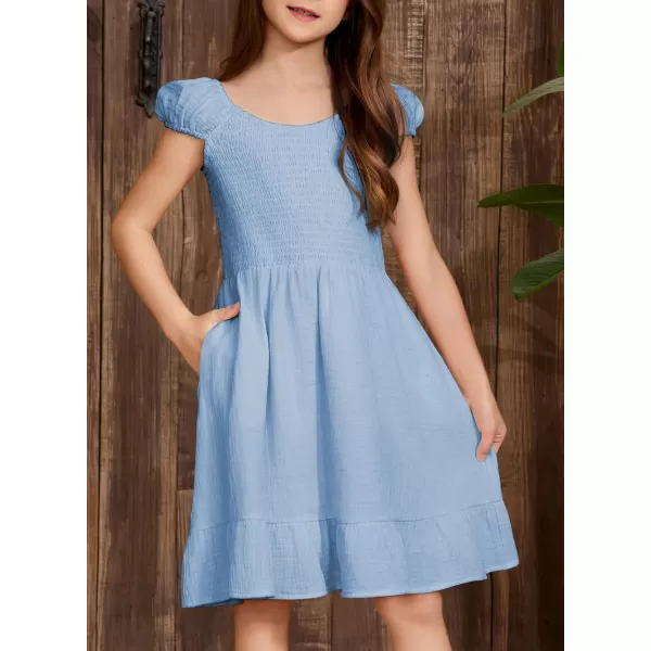 imageblibean Teen Girls Summer Cotton Dresses Smocked Sleeveless Sun Dress Size 615 YearsA Light Blue