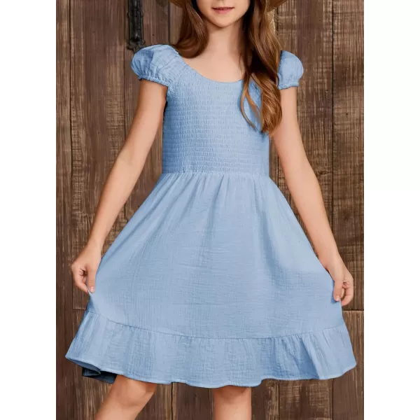 imageblibean Teen Girls Summer Cotton Dresses Smocked Sleeveless Sun Dress Size 615 YearsA Light Blue