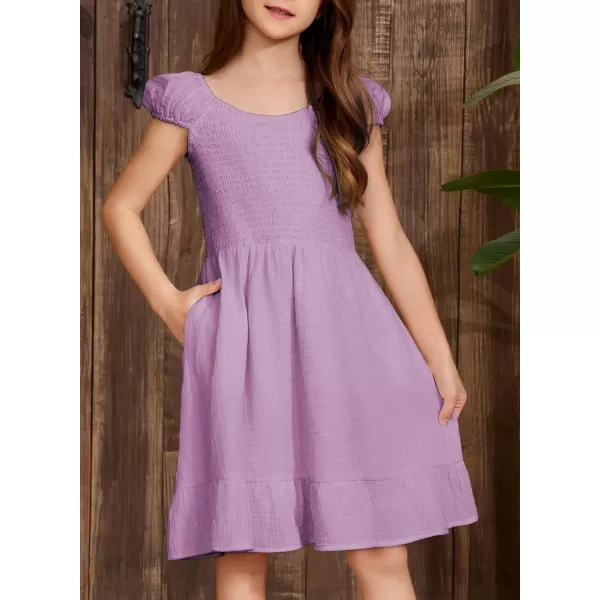imageblibean Teen Girls Summer Cotton Dresses Smocked Sleeveless Sun Dress Size 615 YearsA Purple