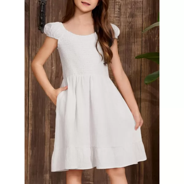 imageblibean Teen Girls Summer Cotton Dresses Smocked Sleeveless Sun Dress Size 615 YearsA White